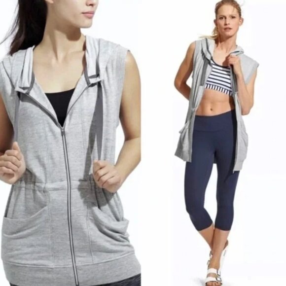 Athleta Lotus Gray Sleeveless Hooded  Jersey Zippered Vest Top - Picture 1 of 7